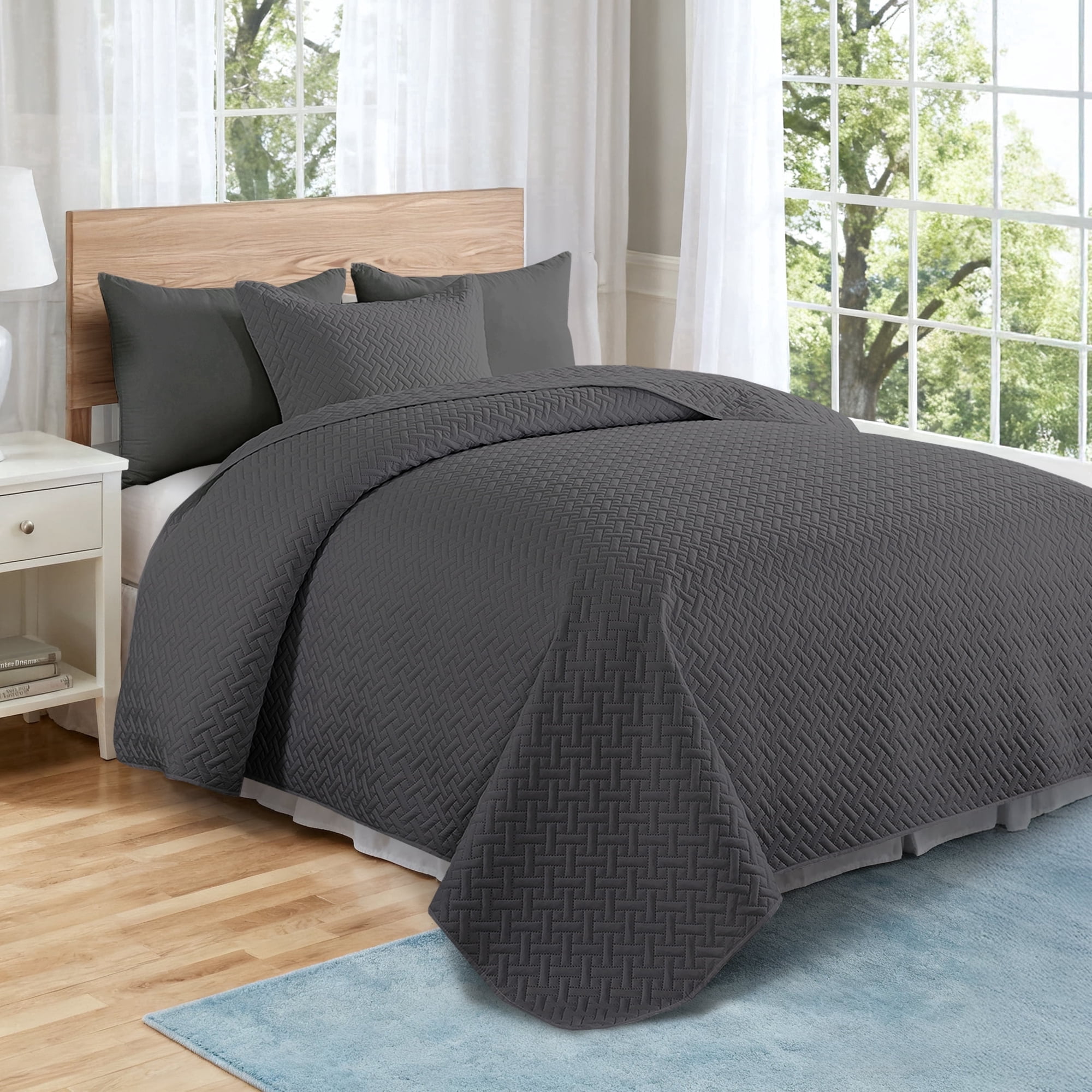 VCCOEM Quilt Set Full/Queen Size Lightweight Bedspreads, All Season Coverlet, 3 Piece (1 Quilt, 2 Pillow Shams), Woven Pattern, Dark Gray