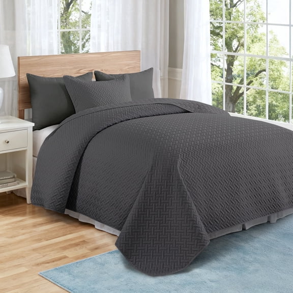 VCCOEM Quilt Set Full/Queen Size Lightweight Bedspreads, All Season Coverlet, 3 Piece (1 Quilt, 2 Pillow Shams), Woven Pattern, Dark Gray