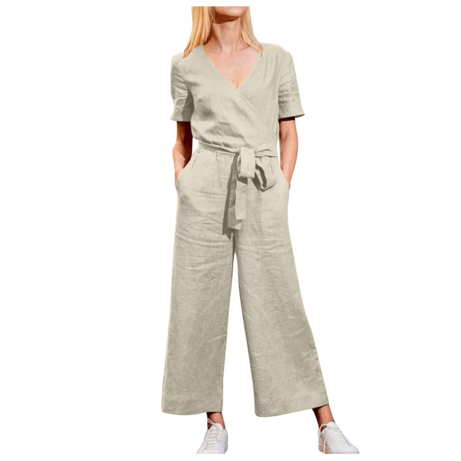 Long pants for women Women's Solid Pocket Romper Short Sleeve V-neck Belt  Loose Overalls Cotton And Linen Jumpsuit Beige L - Walmart.com