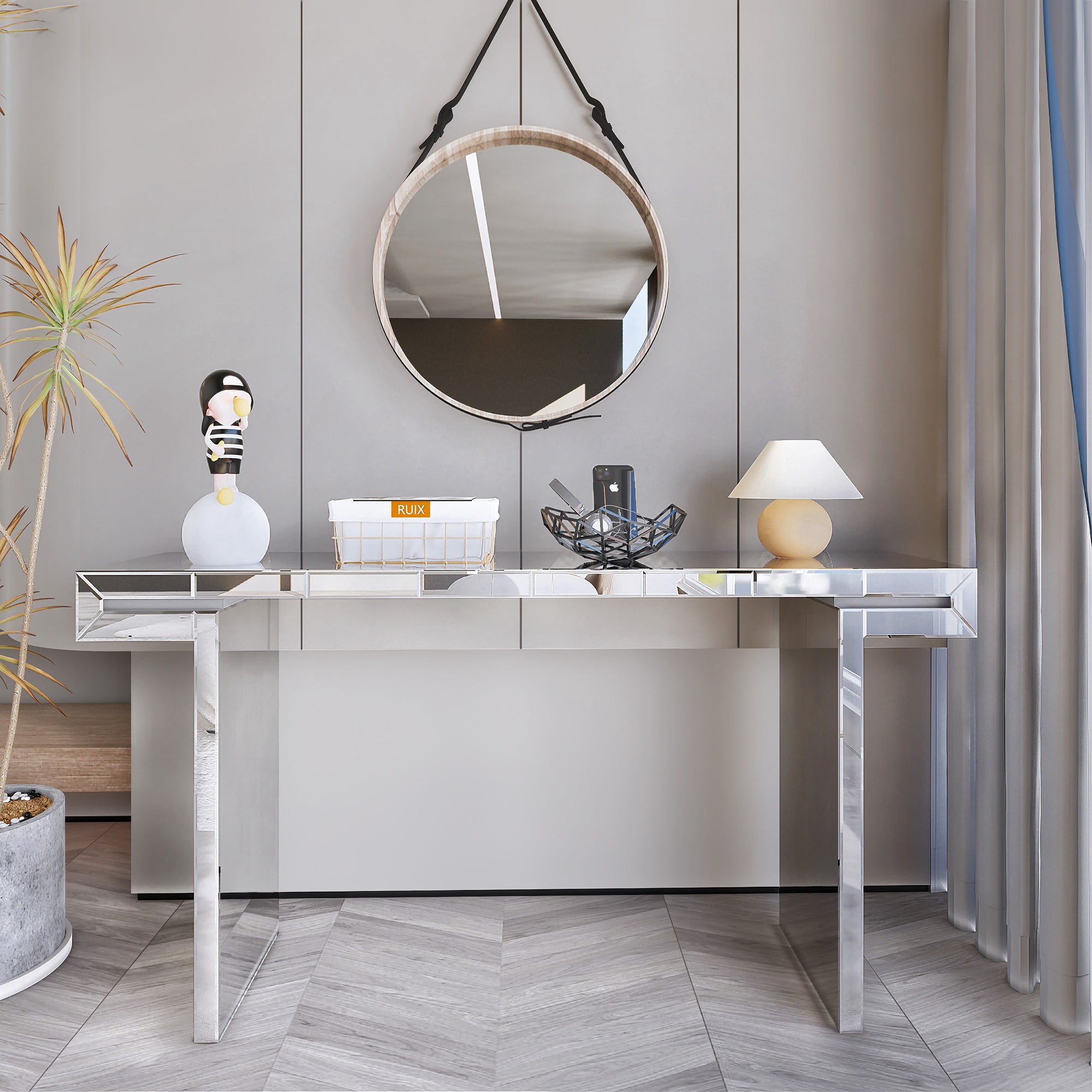 60 Inches Luxury Full-Length Mirror Console Table with Fluted Tempered Glass, Entryway Mirrored Sofa Table, Light Luxury Style, Scratch-Resistant, Reinforced Packaging (Silver)