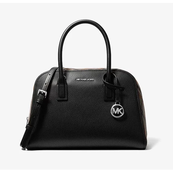 Michael Kors Ashton Medium Smooth & Plaid Wool Blend Satchel Bag Black