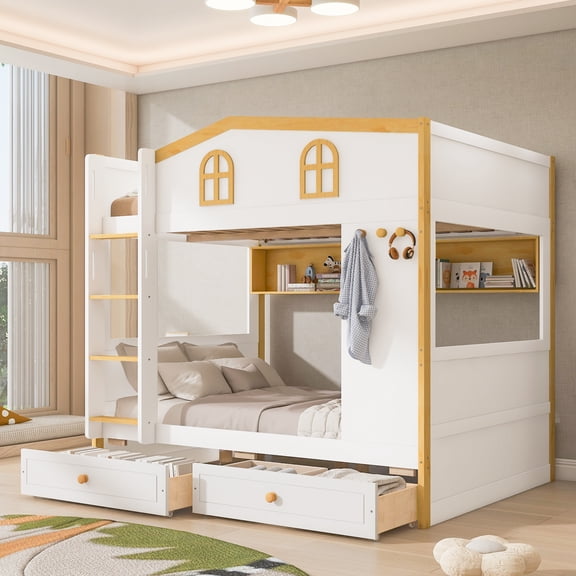 Harper & Bright Designs Twin Over Twin House Bunk Bed with Storage Shelves, Solid Wood Twin Size Princess Castle Bunk Bed with Drawers for Boys and Girls, White Natural