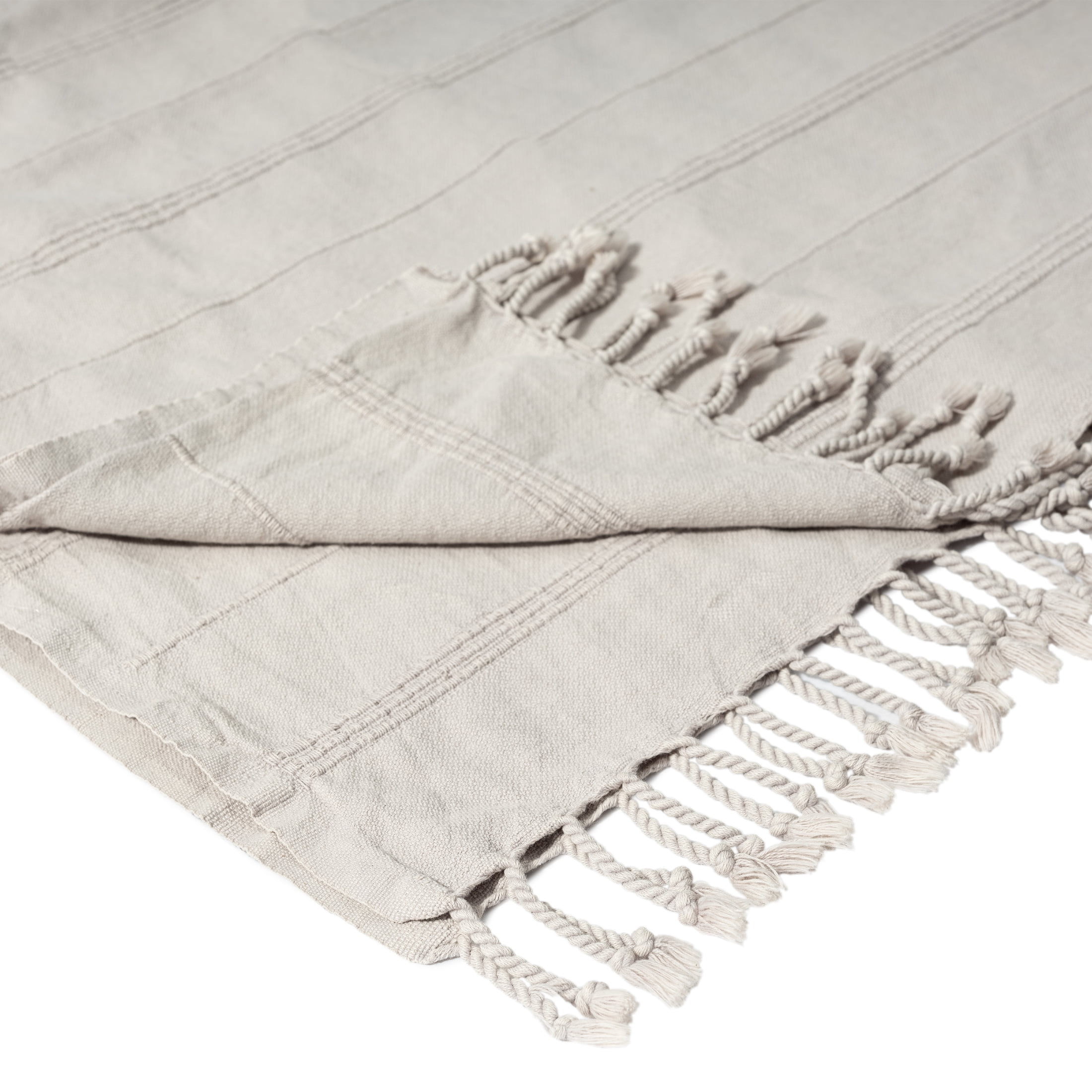 Ox Bay Sarra Beige Striped Fringed Ultra-Soft Turkish Cotton Reversible Throw Blanket, 50" x 60"