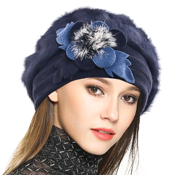 VECRY Lady French Beret 100% Wool Beret Floral Dress Beanie Winter Hat (Angola-Navy)