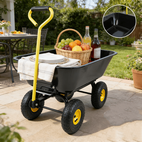 Folding Poly Garden Dump Truck with Steel Frame - Heavy Duty Yard Cart with Pneumatic Tires