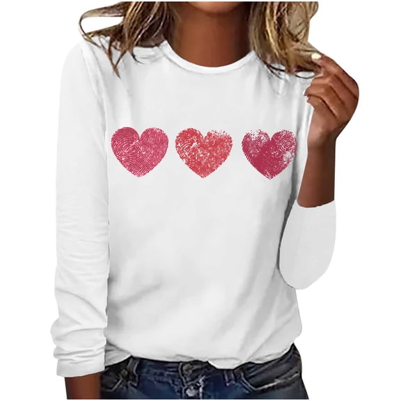 WREESH Womens Fashion T-Shirts Valentine's Day Casual Long Sleeve Heart Printing Round Neck Loose Blouse Tops Pullover White