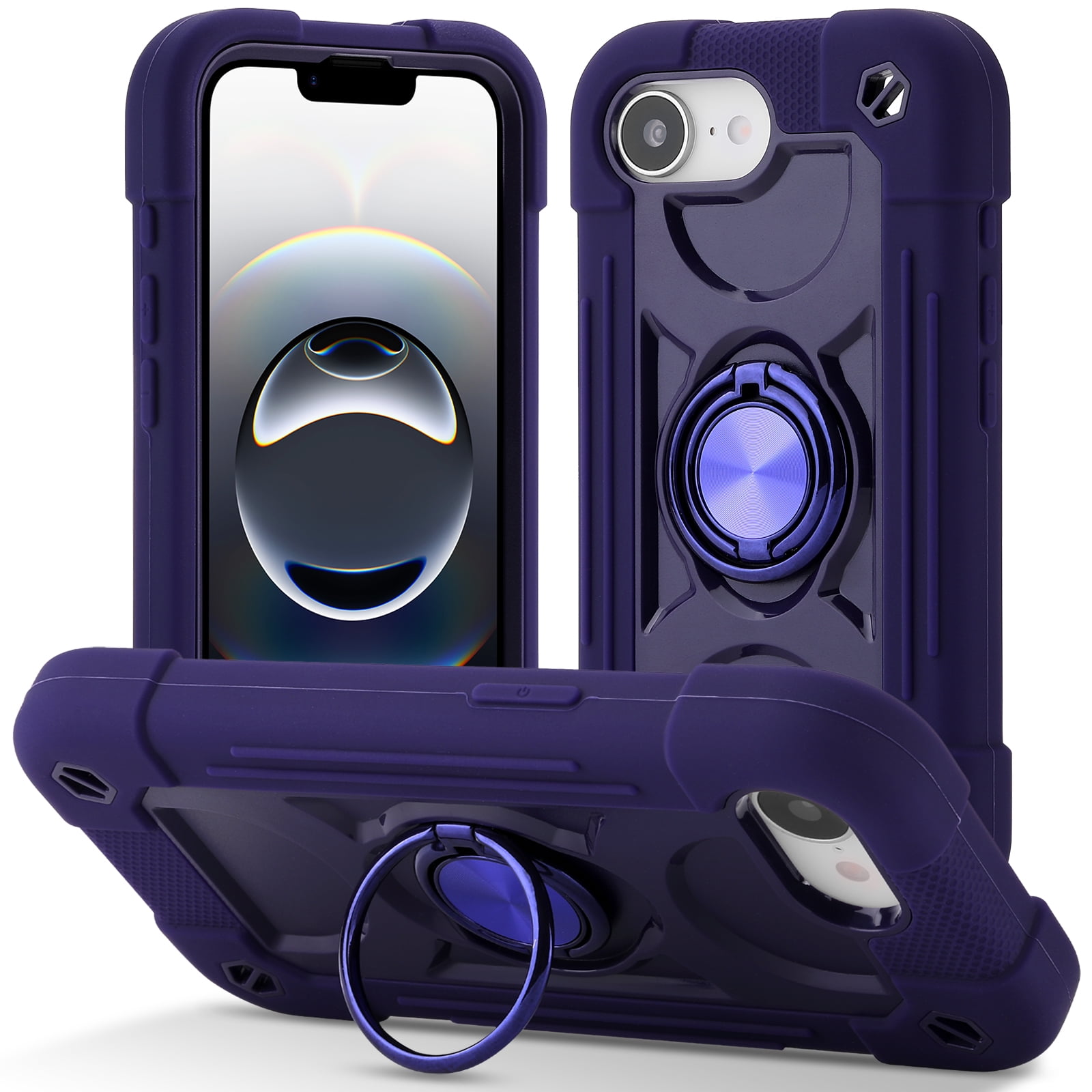 ELEHOLD Rugged Case for iPhone 16e 2025, with 360° Rotation Ring Stand, Military Grade Drop Shockproof Protection Full Body Heavy Duty Case for iPhone 16e 2025,Darkpurple