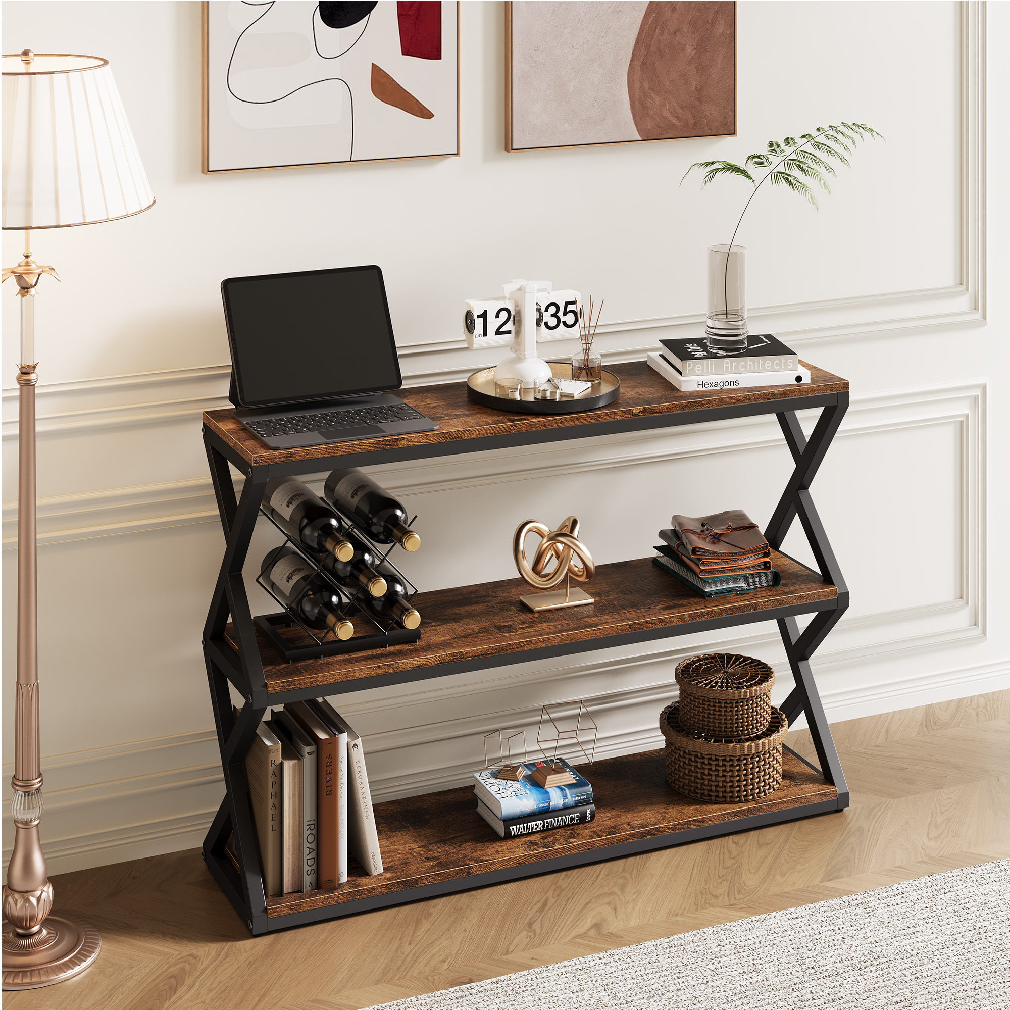 47.2 Inch Rustic Console Table, Industrial Entryway Table with 3-Tier Shelves - Long Hallway Sofa Table, TV Stand & Media Center for Living Room, Vintage Brown