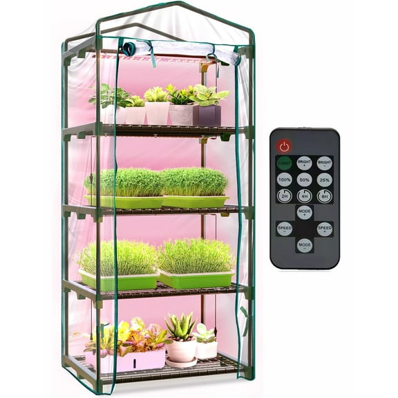 Mini Greenhouse w/ Grow Light , 4 Tier 27.2" L×19.9" W×61.8" H Greenhouse with Zippered PVC Cover for Seed Starting Trays ,2ft 60W Plant Light for Indoor Plant with Timer Remote Control