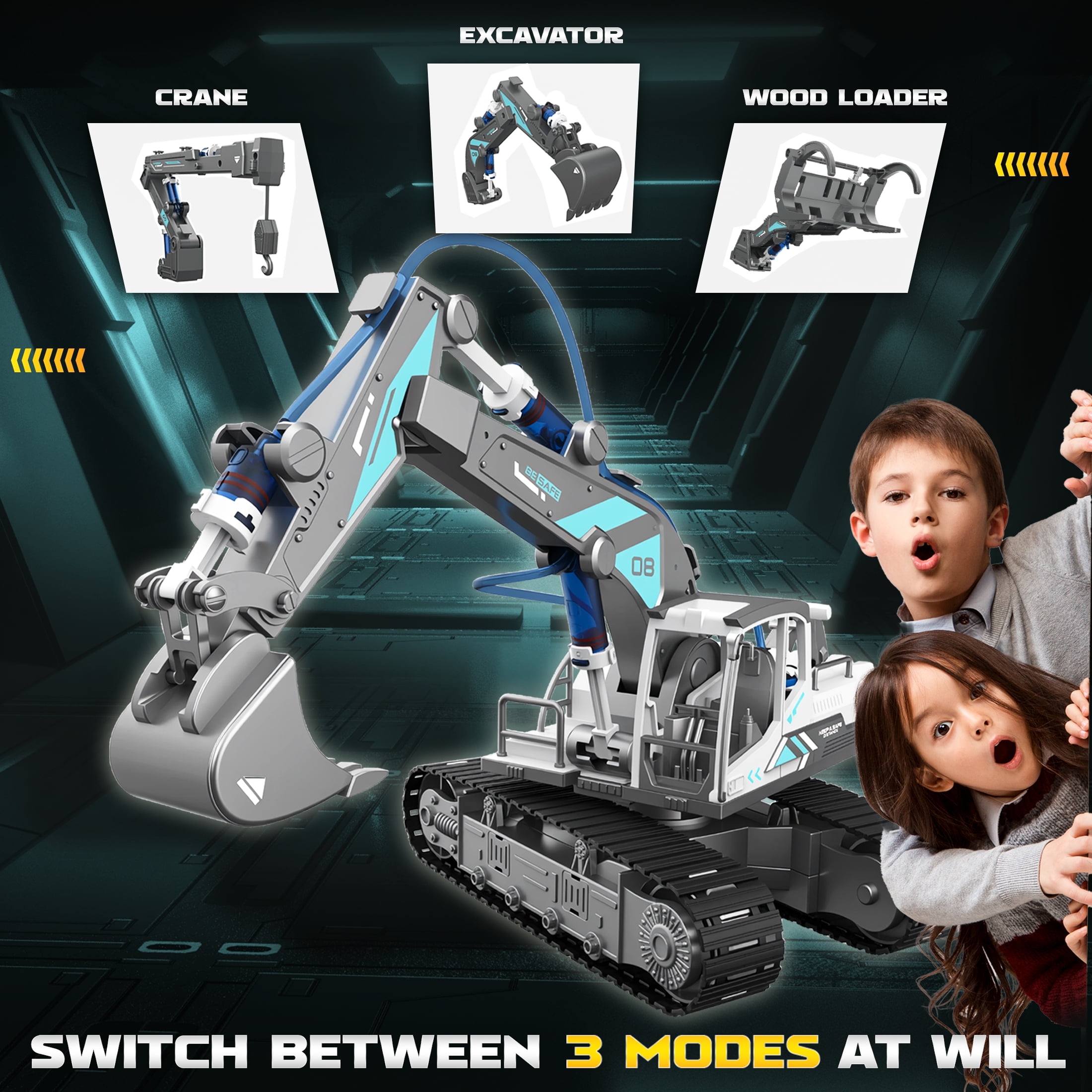 YCFUN Toy Crane Model Building Kit with Hydraulic, 3-in-1 Crane, Excavator & Wood Loader Construction Toy Truck, Erector Set for Kids 6-13