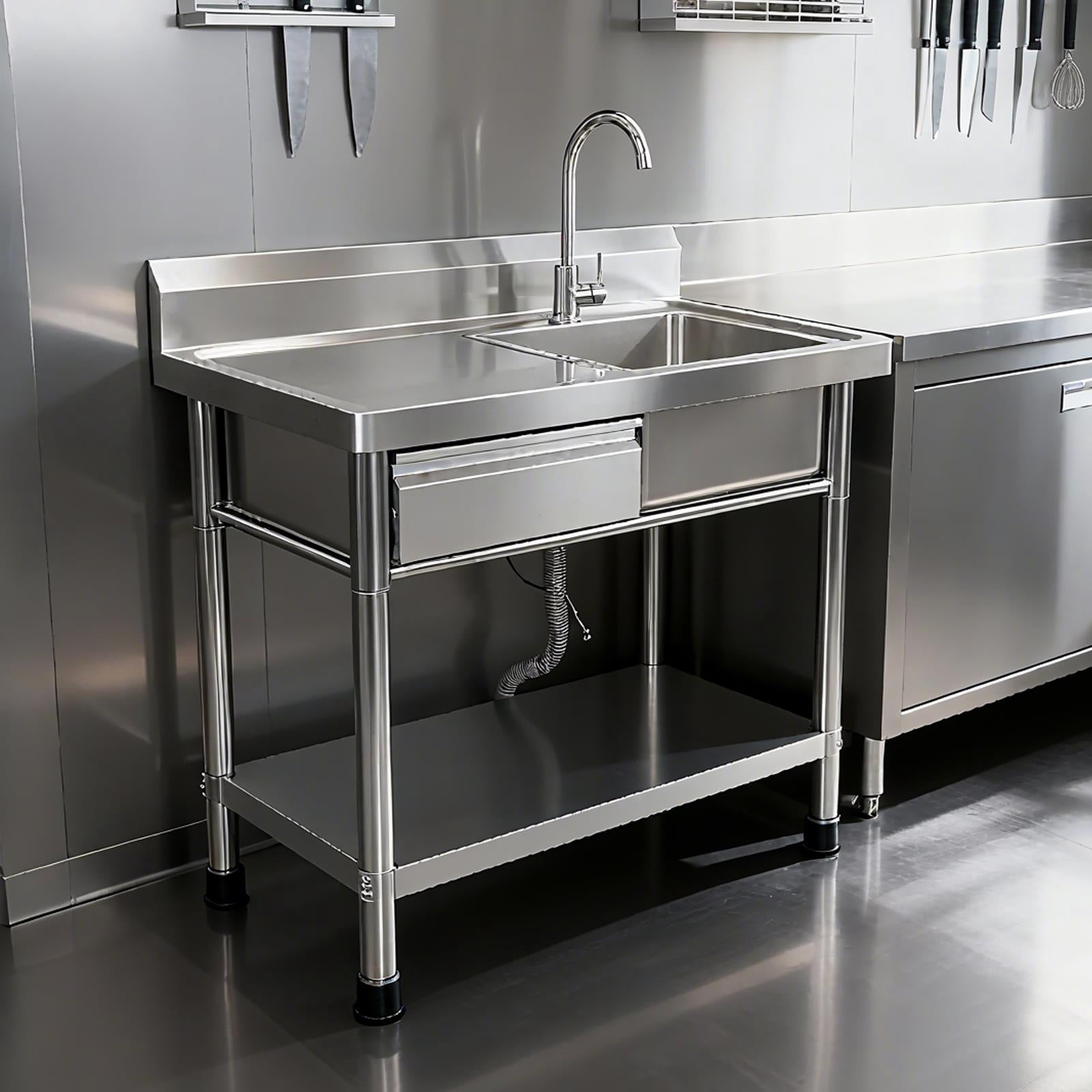 Drawer Stainless Steel Utility Sink,Free Standing Utility Sink With Faucet And Storage Drawer,1.2mm Thick 201 Stainless Steel,Stainless Steel Commercial Sink For Indoor Or Outdoor Use,Silver
