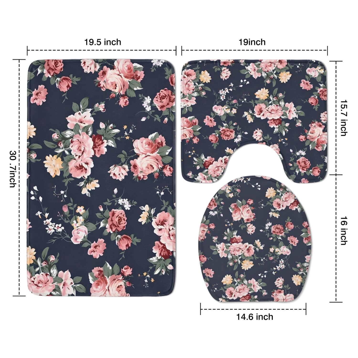 Pioneer Flower Floral Print Pattern Bathroom Rugs Sets 3 Piece,Toilet Cover Set,Absorbent Non Slip Bathroom Mats Sets with U-Shaped Contour Rug Toilet Rug Set
