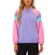 thumbnail image 1 of Chaqueta de color bloque casual INSPIRE CHIC para mujeres con cuello alto, bolsillos con cremallera y mangas largas, color púrpura, talla S, 1 of 5