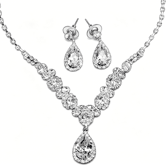 DESIGNICE Bride Jewelry Set Silver Crystal Wedding Necklace Earrings Bridal Rhinestone Teardrop Pendant Accessories for Women and Bridesmaids(3 Piece Set-2 Earrings and 1 Necklace)