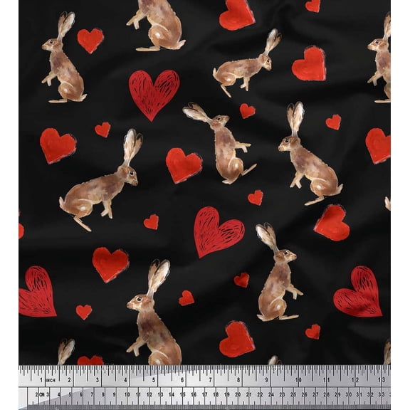 Soimoi Black Cotton Duck Fabric Bunny & Heart Print Sewing Fabric Yard 42 Inch Wide