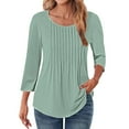 thumbnail image 2 of Green Women's Long Sleeve T-shirt, 3/4 Length Sleeve Womens Tops Crewneck Summer Blouses 2025 Pleated Front Tunic Tops Tee Shirt Floral Print Clothes,Women's Long sleeve T-shirt XXL, 2 of 5