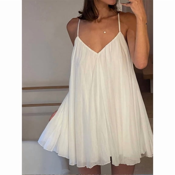 White Spaghetti Strap Dress, Loose Fit Princess Style Flowy Sundress