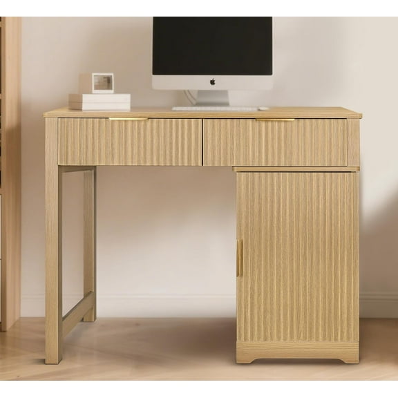 ZYBT 40" Fluted Executive Desk, Modern Wood Home Office Desk with Fluted Drawer & Removable Storage Cabinet and Printer Stand, Farmhouse Computer Writing Table for Work Study, Natural Oak
