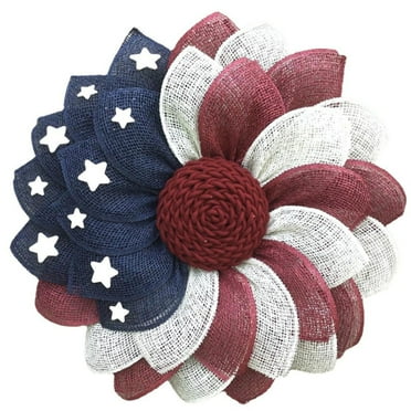 Peacheart 14inch 4th of July Patriotic Wreath for Front Door, Red White and Blue Mesh Flower Shaped Fabric Wreath for Independence Day Memorial Day Farmhouse Home Decor