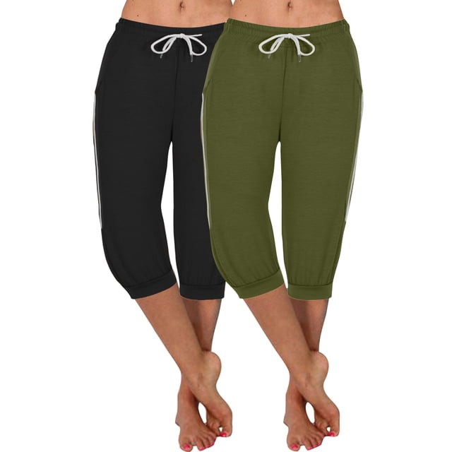 GigrtiJin Womens Multipack Capris Pants Solid Color Drawstring Elastic Waist Sport Pants with Pocket Versatile Lounge Pants 2 Pack
