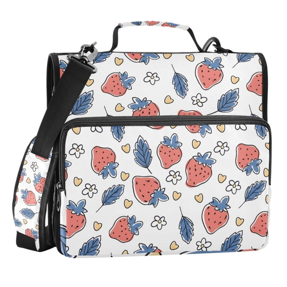 Zipper Binder Strawberry Light Blue Leaf 1.5 Inch Binder Folder Bag with Shoulder Strap and Handle