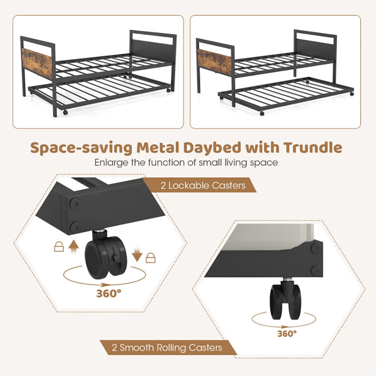 Demi Bonn Twin Size Metal Daybed with Trundle Lockable Wheels, Modern Bed Frame for Teens, Black