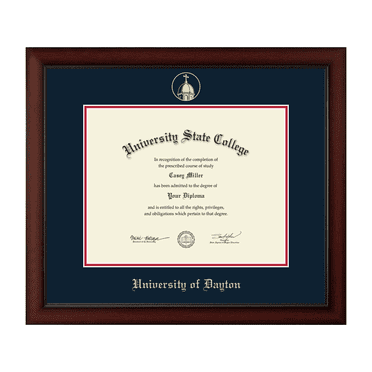 Framerly - University of Dayton 14w x 11h Diploma Frame - Fits a phd - Gold Embossed Diploma Frame - Cherry Moulding with Navy and Red Matting - Officially Licensed