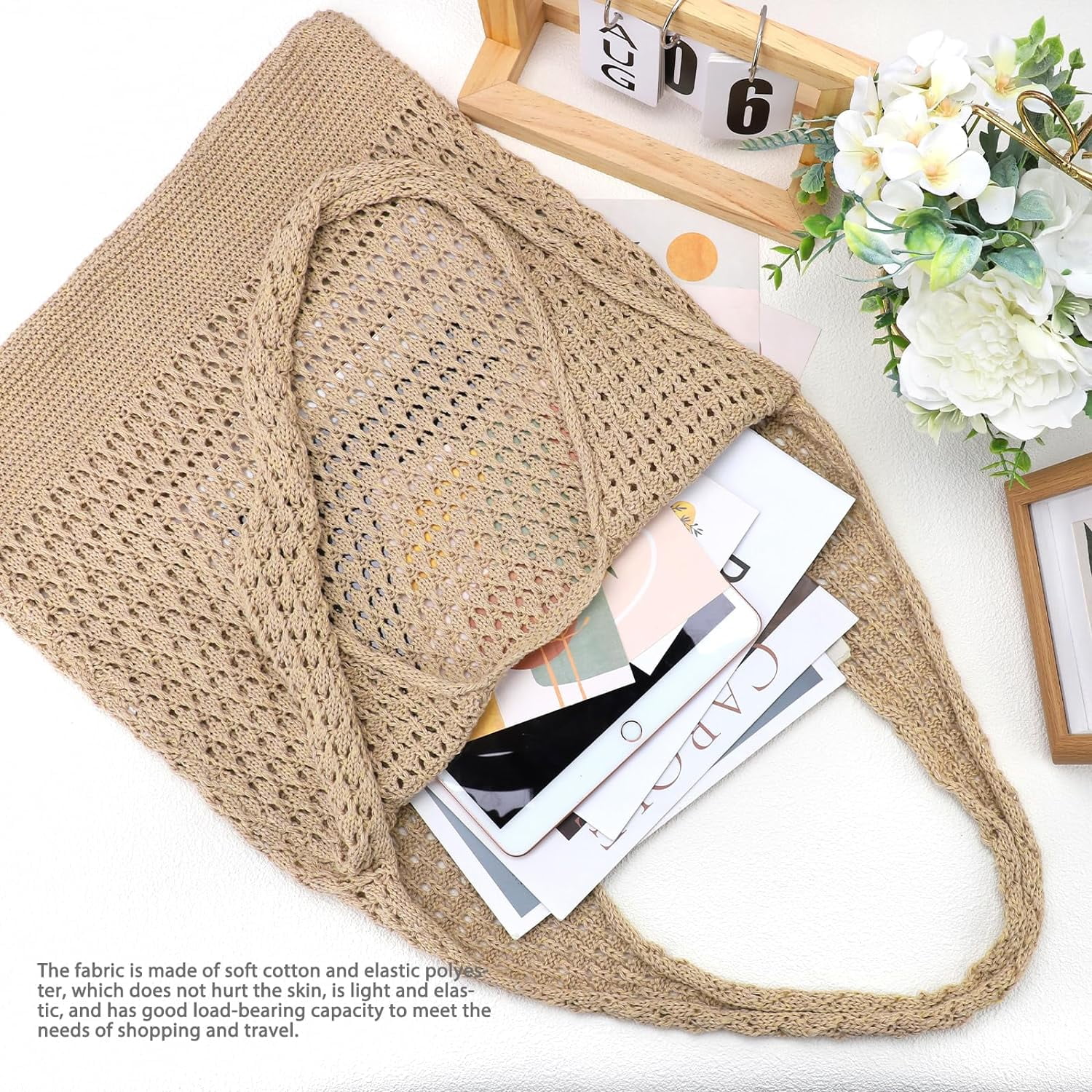Gocvo Crochet Bag for Women, Summer Crochet Handbags Boho Bag(Khaki 14 x 10 x 26.5in )