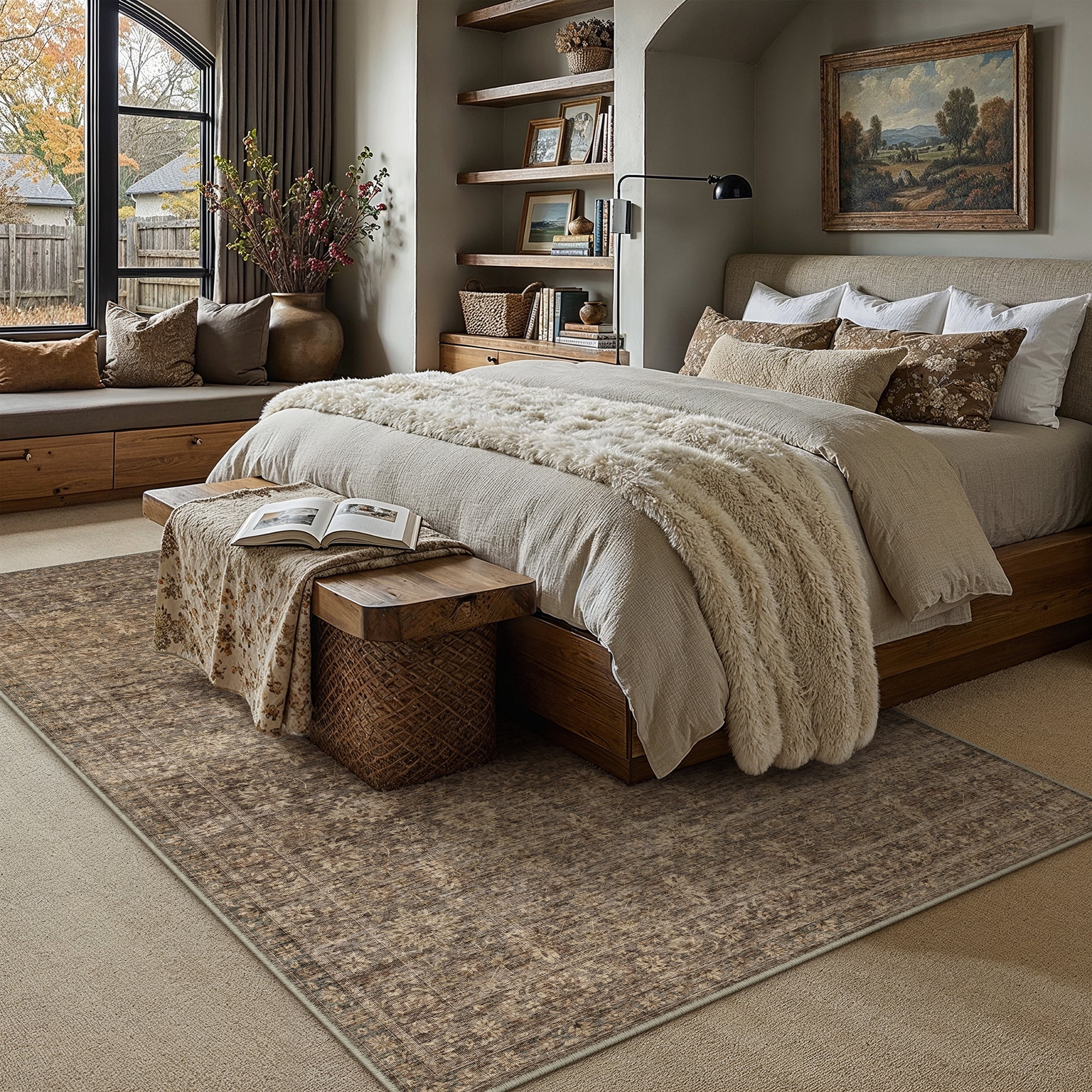 BERTHMEER 8'x10' Area Rugs for Living Room Bedroom Office Dining Room Farmhouse Oriental Non Slip Vintage Traditional Floral Rugs Carpets,Golden Brown