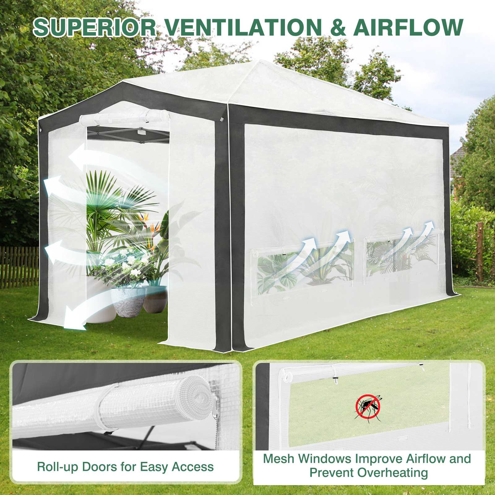EAGLE PEAK 8x12 Portable Walk in Greenhouse , Heavy Duty Pop Up Green House, Front Roll Up Zipper Entry Door and Mesh Windows, Gray/White