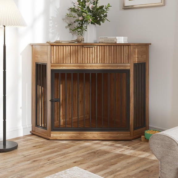 Corner Dog Crate Furniture, 44.6'' Wooden Dog Kennel with Fluted Storage Drawer, Decorative Indoor Dog Cage for Small Medium Dogs, Walnut