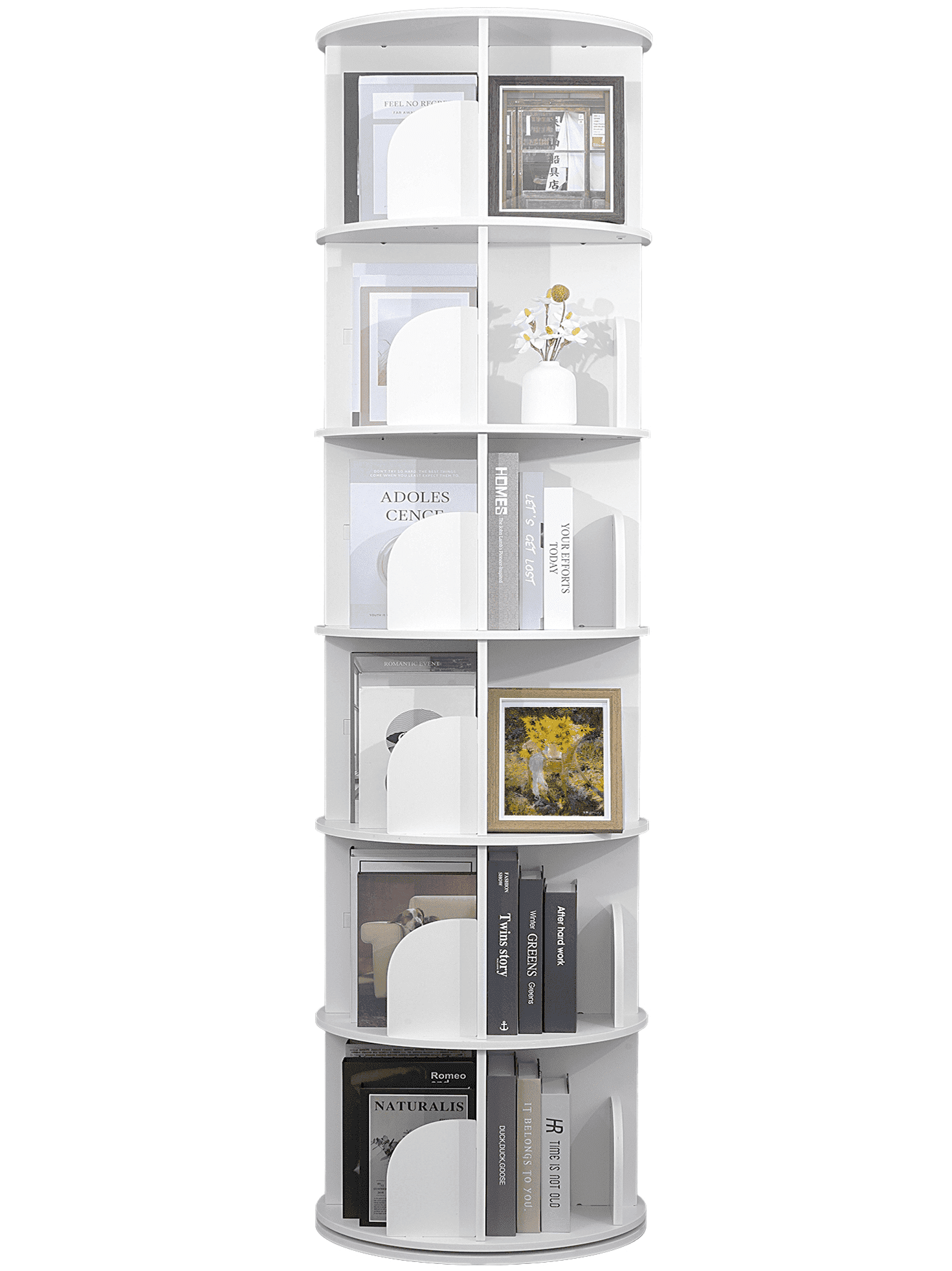 IAJXWI 6-Tier Wooden Rotating Bookcase, 360° Revolving Display Rack with 24 Shelves, White 74"x18"x18"
