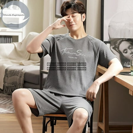 

QWZNDZGR Summer New Knitted Cotton Short Sleeve Men Pajamas Sets Male Pajama Set Letter Pajama For Men Sleepwear Suit Homewear Size XXXXL