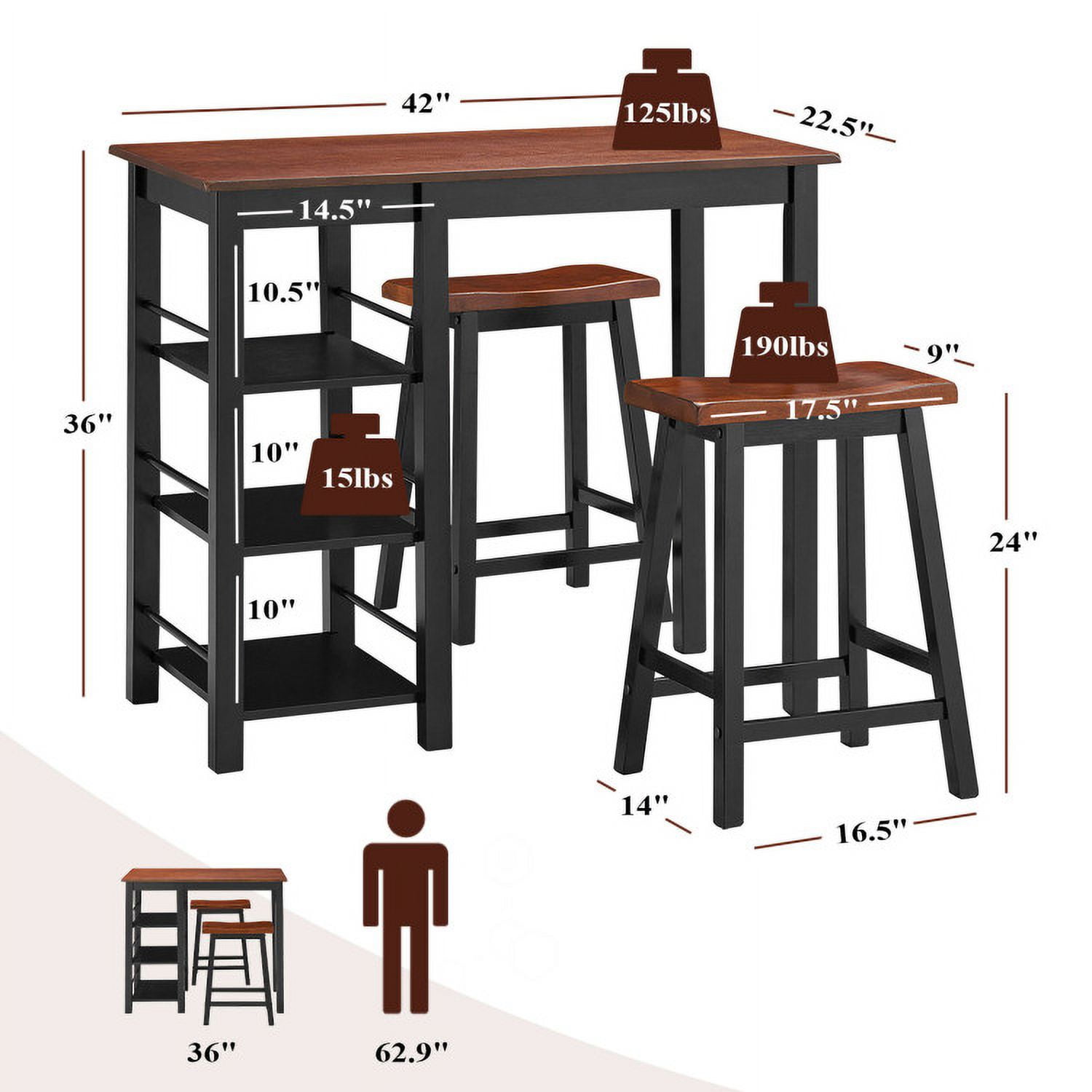 Finihen Dining Set, Dining Table Set, 3 Piece Counter Height Dining Table Set with 2 Saddle Stools and Storage Shelves, for Home, Restaurant, Walnut Finihen Dining Set, Dining Table Set, 3 Piece Counter Height Dining Table Set with 2 Saddle Stools and Storage Shelves, for Home, Restaurant, Walnut