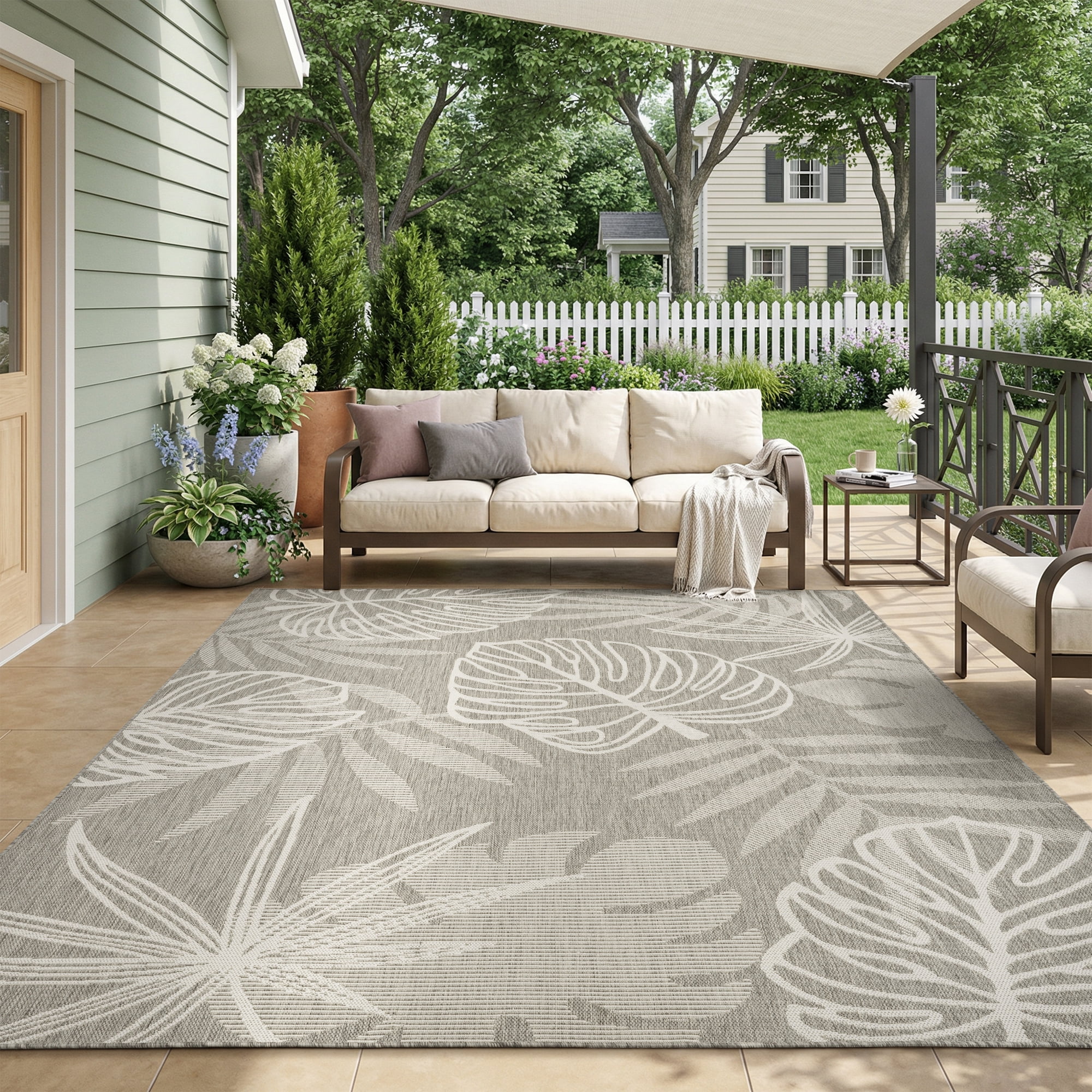 SIXHOME Outdoor Rugs 5'x7' Patio Rug Tropical Indoor Outdoor Rugs Polypropylene Washable Non Shedding, Easy Clean, Waterproof, Durable Outdoor Carpet for Porch Balcony Deck Neutral Gray