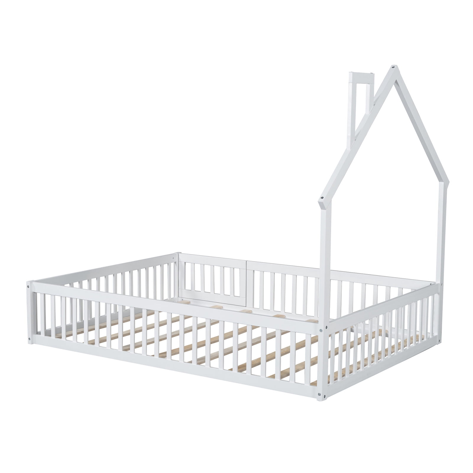 Full Size Floor Bed with Door and Slats,Montessori Floor Bed with Safety Guardrails,House Platform Bed for Girls and Boys,White