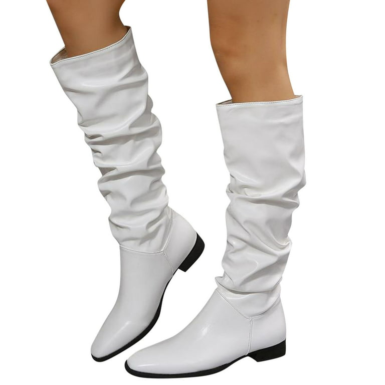 Wefuesd Ladies Fashion Solid Color Leather Wrinkled Pointed Toe Flat Long  Boots, Thigh High Boots, Winter Boots For Women, White 39