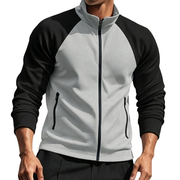 Men's Waffle Track Jackets Color Block Full Zip Running Athletic Workout Stand Collar Jacket with Zipper Pockets
