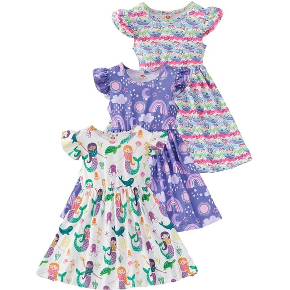 WIBACKER Toddler and Little Girl Skater Dress Ruffle Sleeve Priness A-line Sundress - 1 Piece Dinosaur