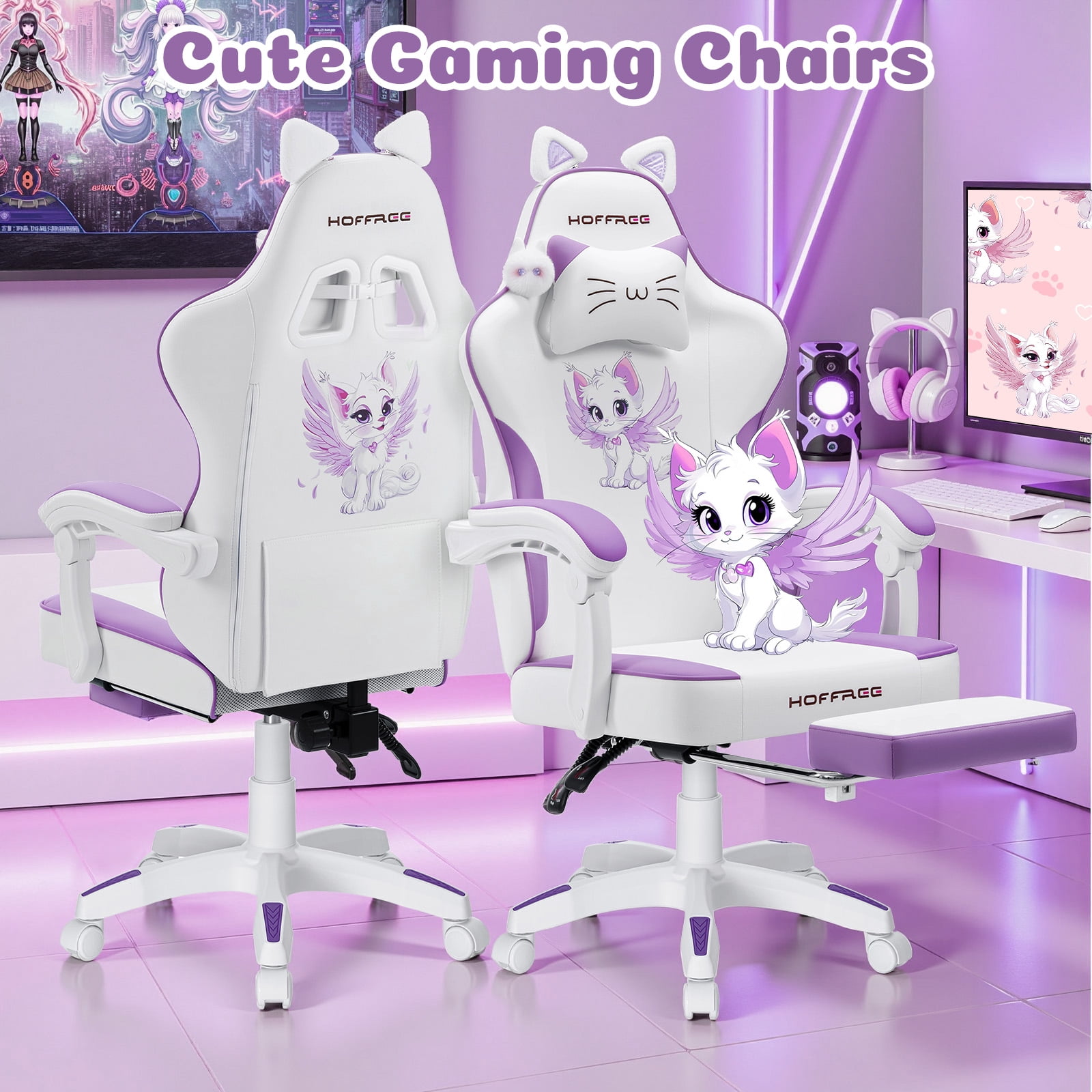HOFFREE Gaming Chair for Girls with Cat Ears and Cloud Massage Lumbar Cute Computer Chair with Footrest Comfortable Reclining Game Chairs for Adults Teens Women Purple and White