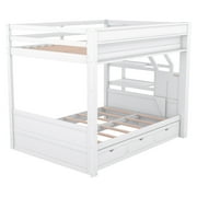 Euroco Wood Full Bunk Bed or Full over Futon with Shelf and Drawers for Kids Teens, Covertible into Daybed for Living Room, White