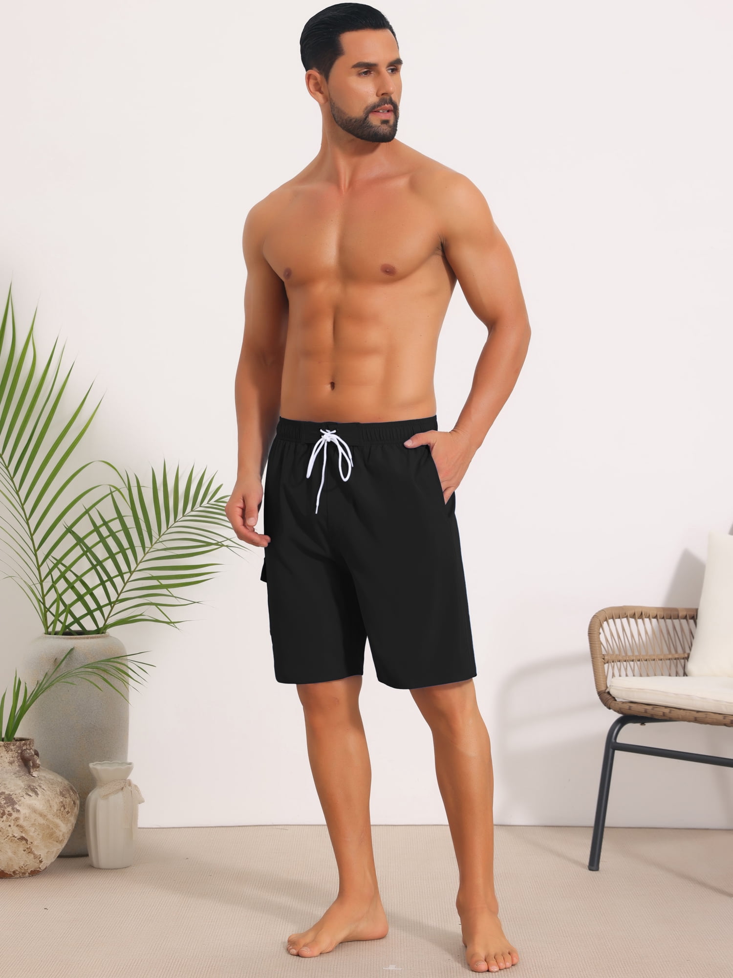 DARING DIVA Men's Multiple Pockets Beach Drawstring Waist Summer Board Shorts 34 Black