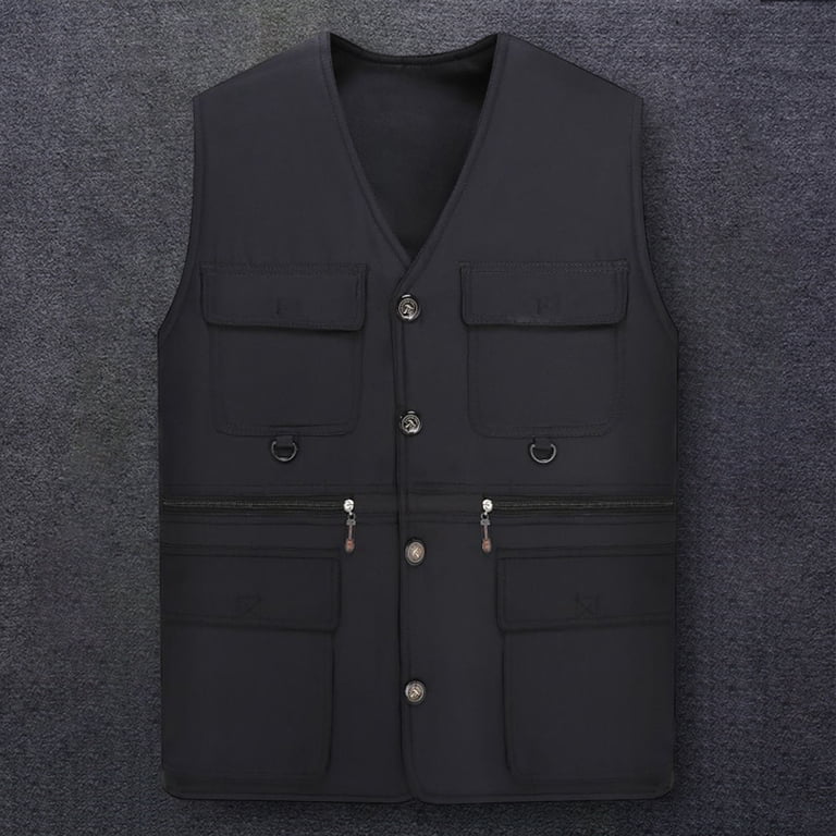 Men Work Vest Waistcoat Multiple Pockets Solid Color Loose