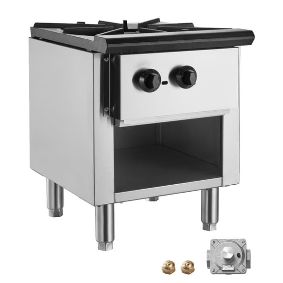 KFFKFF Commercial Gas Stove with Cabinet, Propane and Natural Gas Countertop Range, Stainless Steel Gas Cooktop, Professional Cooking Equipment for Restaurants, 90,000 BTU