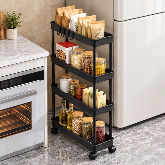 Agesis Slim Storage Cart with Wheels, 4 Tier Slim Rolling Storage Cart, Utility Bathroom Cart for Kitchen Bathroom Laundry Narrow Space, Black