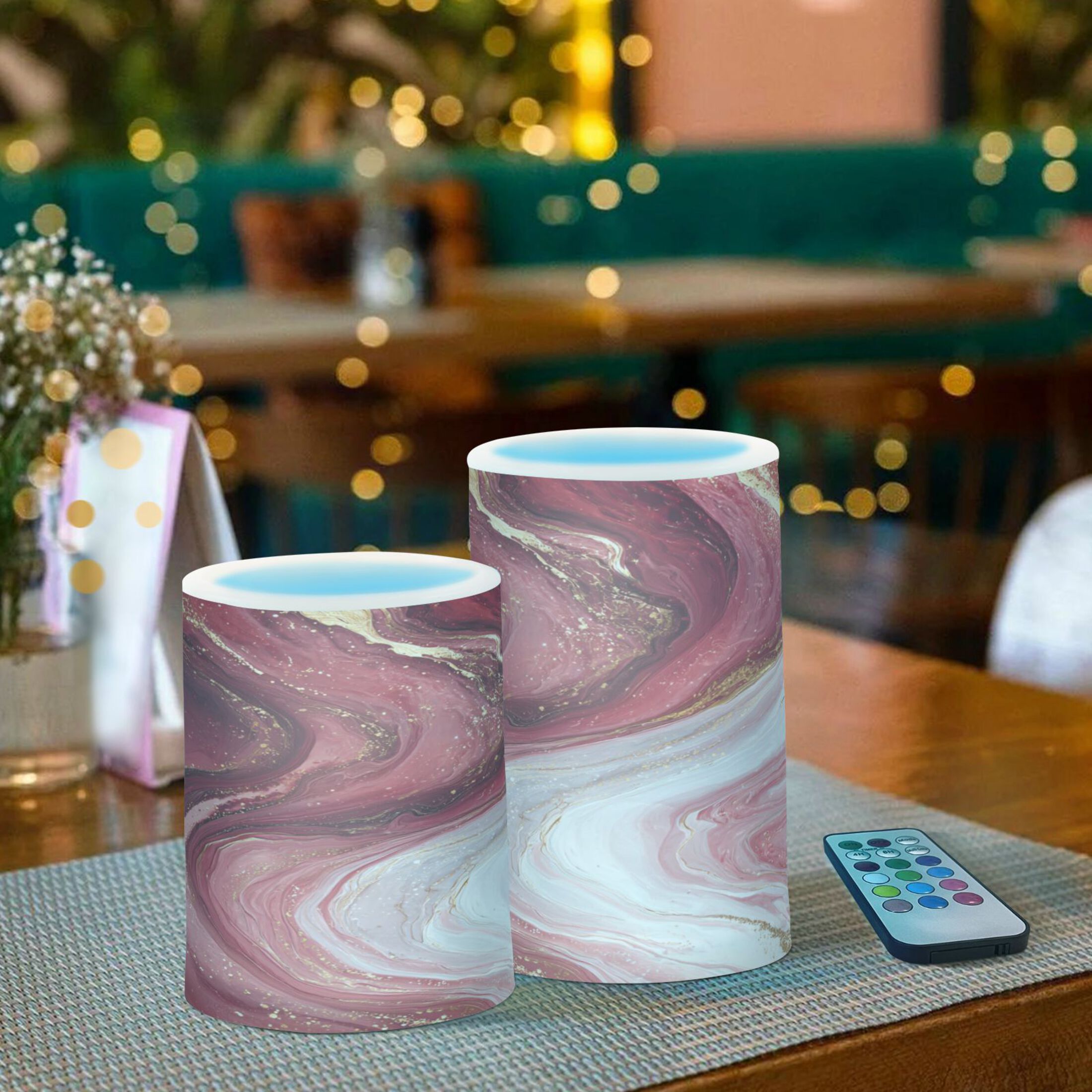 2 PCS LED Flicker Flameless Candle with Remote Control Realistic 3D Wick LED Window Decoration Candle Set for Wedding Table Home Decor Favors Burgundy Marble Flow