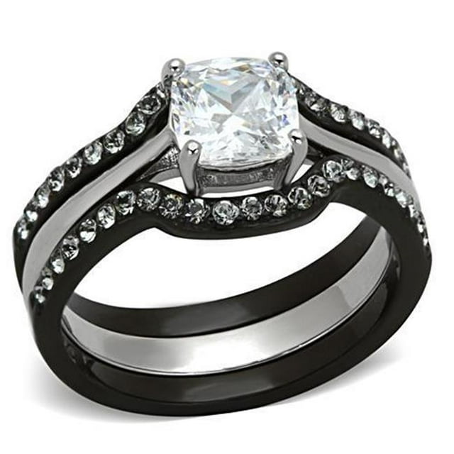 Women Two-Tone IP Black Stainless Steel Ring with AAA Grade CZ in Clear - Size 8