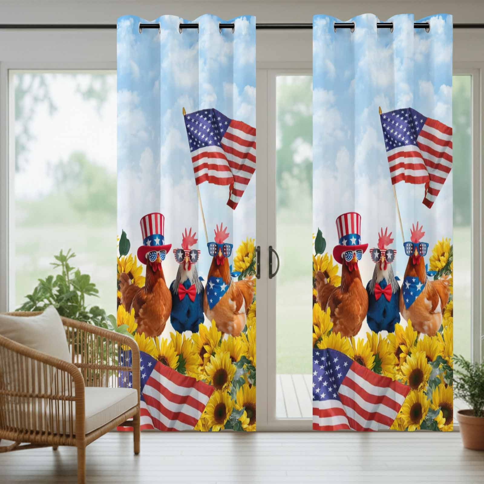 Independence Day Outdoor Curtains for Patio, U.S. Flag Themed Farm Rooster Sunflower Farmhouse Sunshade Privacy Drapes Grommet Waterproof Outside Curtains for Porch/Cabana/Balcony 54"x 108", 1 Panel