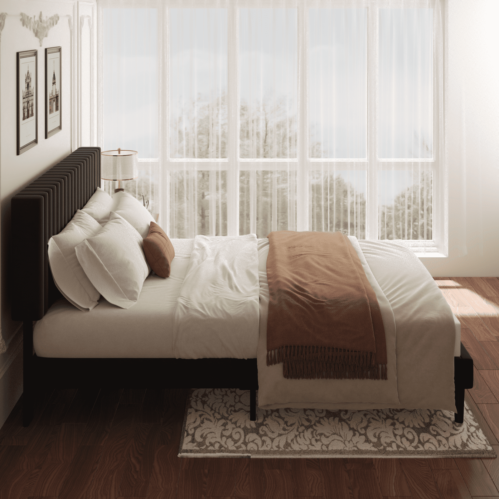 VIPLOV Full Size Bed Frame with Velvet Upholstered Headboard, Platform Bed with Strong Wood Slats, Mattress Foundation, Box Spring Optional, Easy Assembly, Black