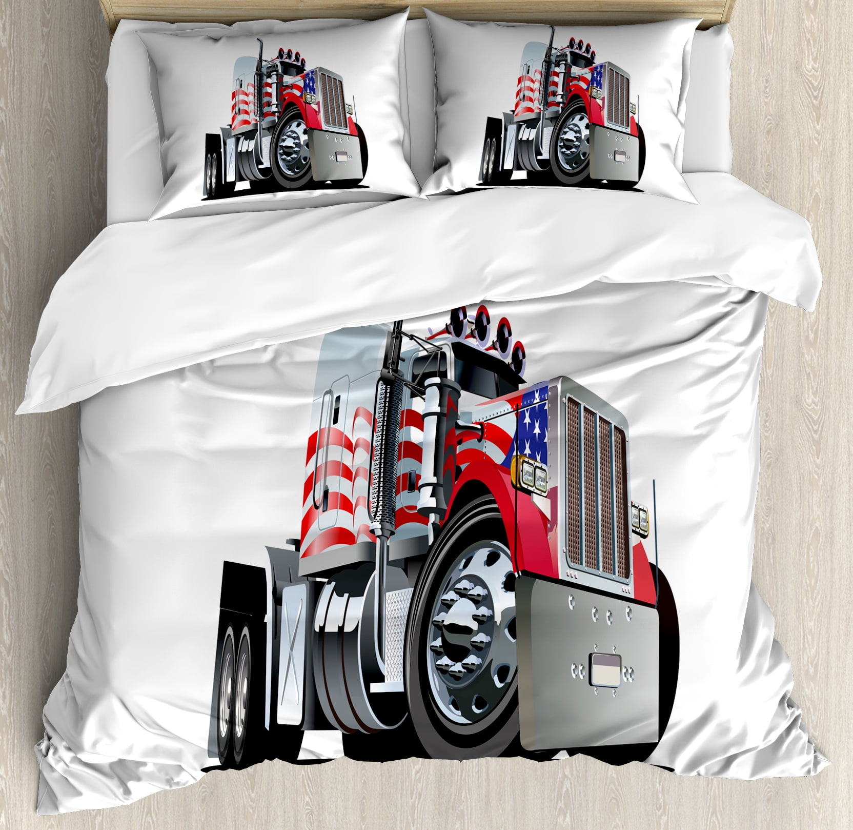 Truck Duvet Cover Set, American Flag Themed Semi 18 Wheeler Patriotic